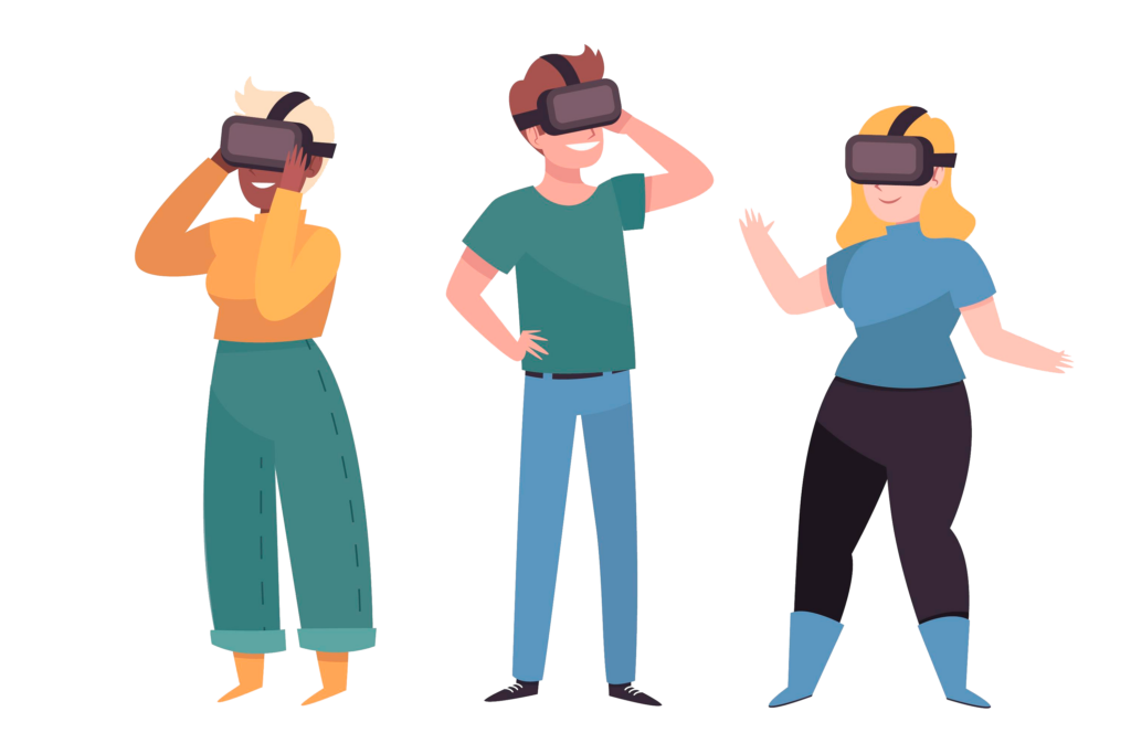 Piktogramm von drei Personen mit VR-Brillen auf.