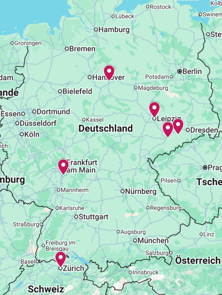 Landkarte mit Ortsmarkierungen in Deutschland und der Schweiz.