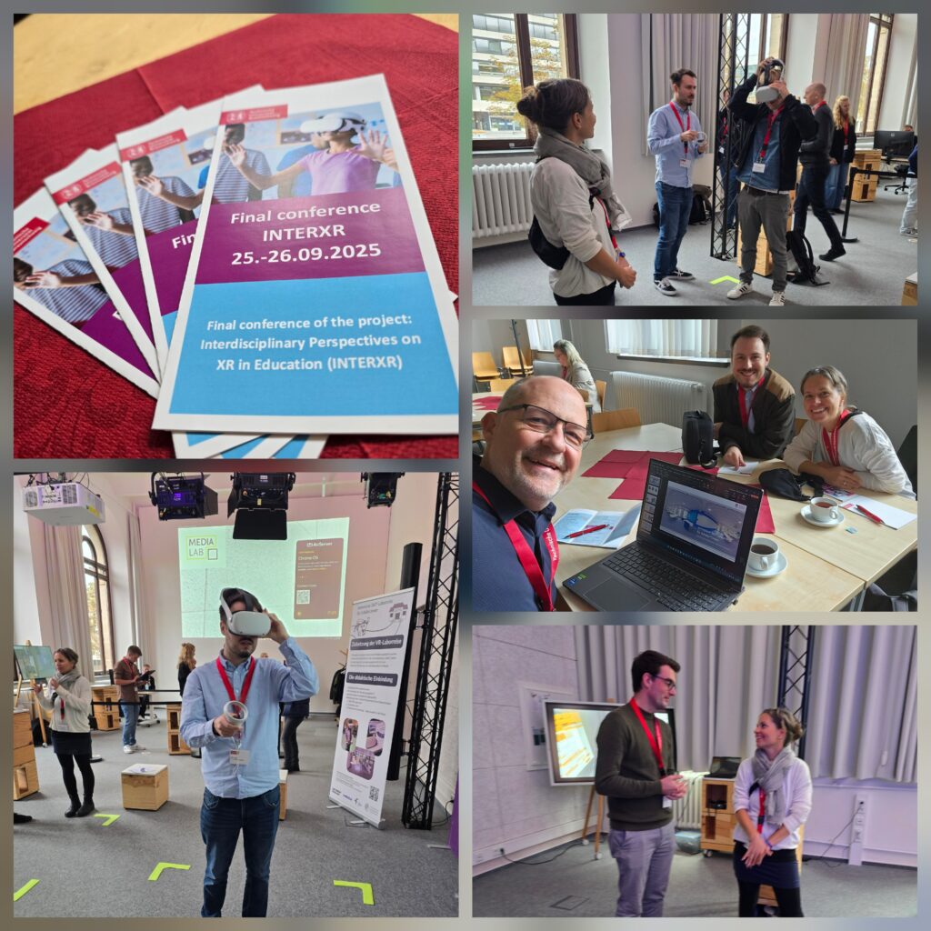 Eine Fotokollage verschiedener Eindrücker der INTERXR. Auf den Fotos sind Menschengruppen, Flyer und Präsentationen zu sehen.